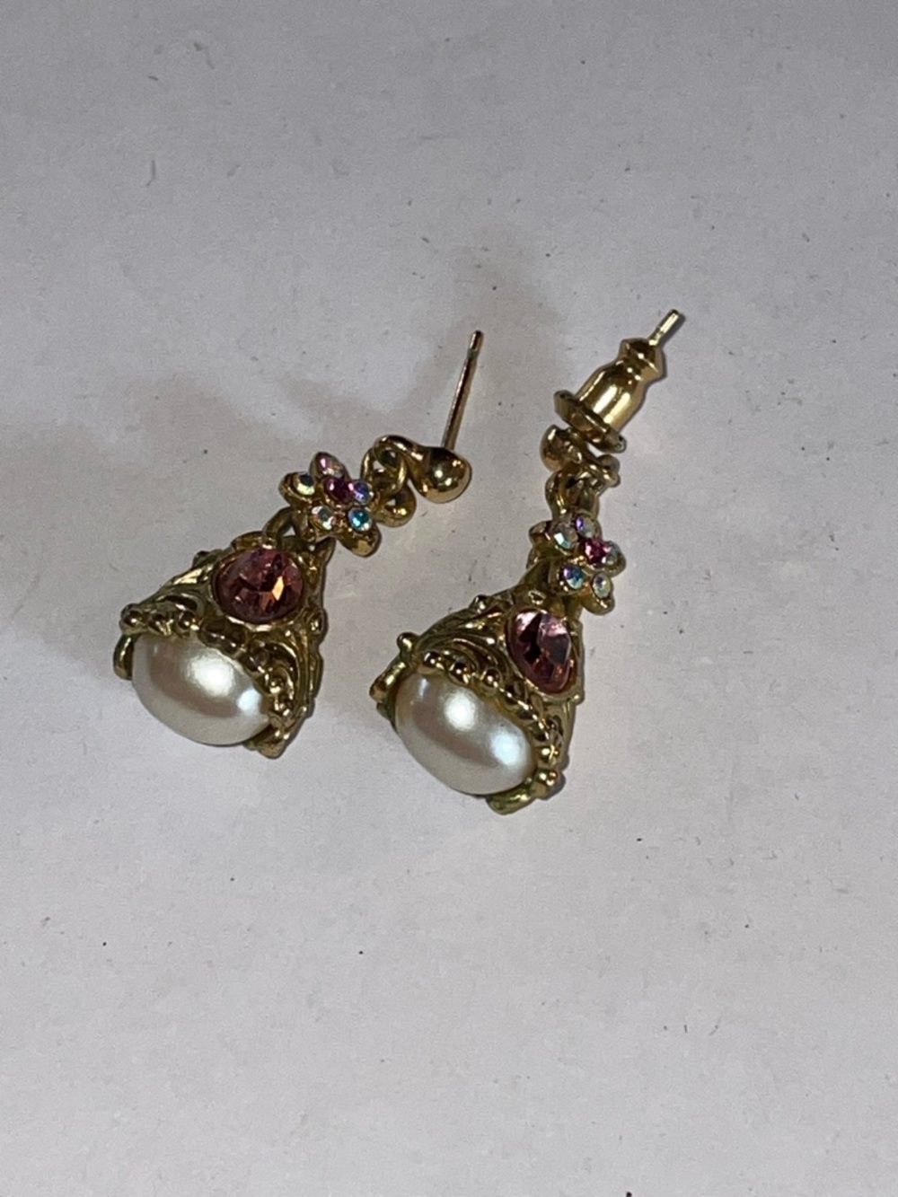 Gold-Tone Pearl Drop Earrings with Pink Crystal Accents
